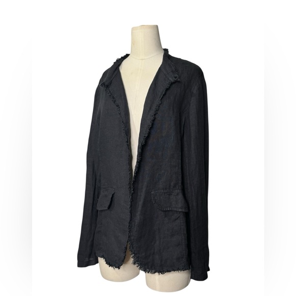 C Studio - Raw Edge Open Front Casual 100% Linen Navy Jacket Sz L - Picture 2 of 7